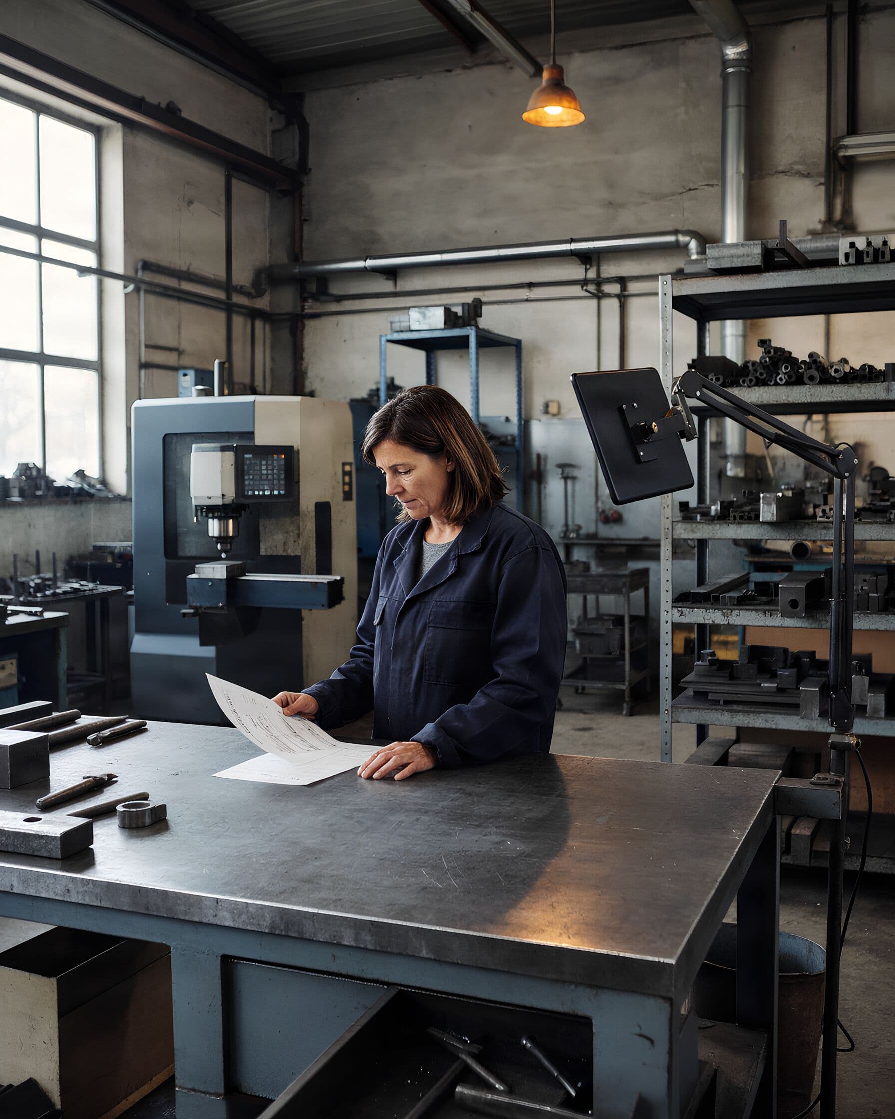 Eine Metallbauerin liest am Werktisch einen Auftrag, daneben ein Tablet an der Halterung.